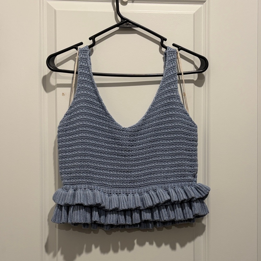 Mustard Seed Light Blue Knit Ruffle Crop Tank